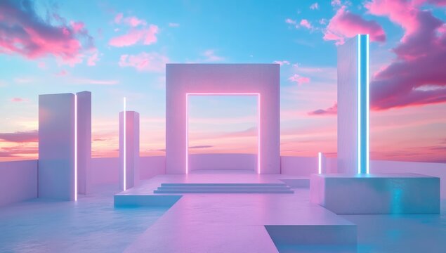 Pastel rooftop scene with neon accents - Powered by Adobe