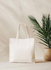 Blank cream canvas tote bag, minimalist style, beside potted palm