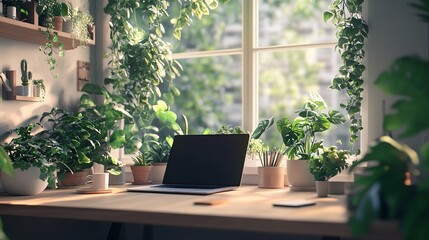 Cozy home office filled with plants and natural light for remote work and productivity setup