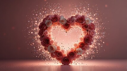 A heart shape formed by roses, surrounded by sparkling light effects on a pink background.