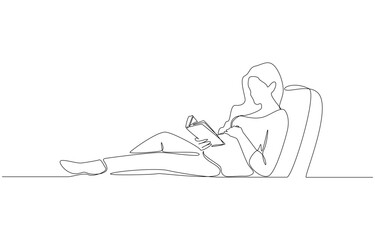 Continuous one line drawing of pregnant woman resting and reading a book, single line art