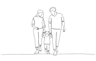 Continuous one line drawing of father and mother taking their daughter to walk together, family bonding and togetherness concept, single line art