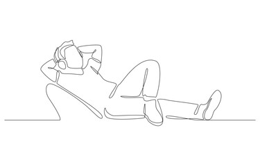 Continuous one line drawing of young man lying on his back listening to music with ease, personal relaxation through music concept, single line art
