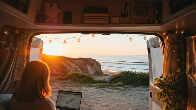 Woman Working Remotely from Camper Van with Ocean View. Digital nomad life.
