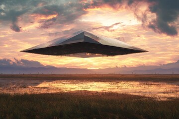 Futuristic Stealth Pyramid Hovercraft Above Wetlands at Sunset: A Sci-Fi Vision of Alien Technology and Tranquil Earthly Beauty
