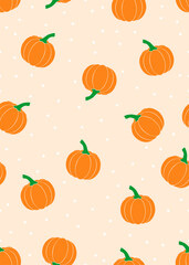 Vector seamless pattern background with cute cartoon pumpkins and seeds for autumn, fall harvest design.