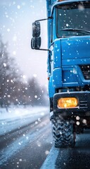 Blue truck driving on snowy road