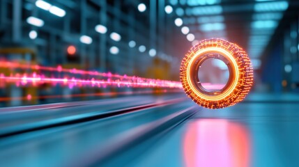 Futuristic glowing ring with data streaming in a high-tech environment