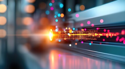 Abstract light trails with colorful particles in digital landscape