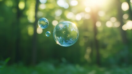 Floating Soap Bubbles in Lush Green Forest with Soft Sunlight