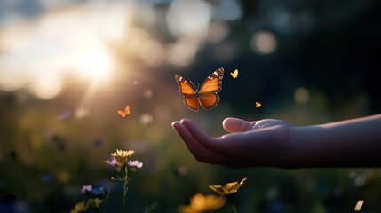 Delicate Orange Butterfly Flutters Above Outstretched Hand in Nature
