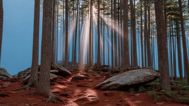 Misty forest with tall pine trees in dense fog - Free Stock Photo ...