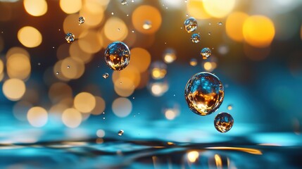 Floating Water Droplets with Bokeh Background and Sparkling Lights