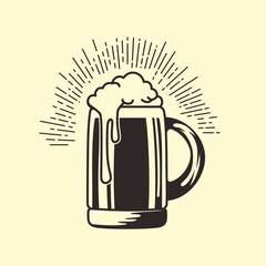 Hand drawn vintage beer mug on pale yellow background. Vector illustration