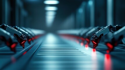 Robotic Arms in Futuristic Production Line with Glowing Details