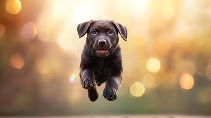 Playful Black Puppy Leaping Through a Sunlit Outdoor Scene