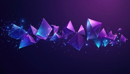 Abstract geometric shapes,  vibrant purple and blue,  hovering in space,  sparkly particles