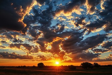 Dramatic sunset sky over a field