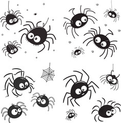 Collection of cartoon flat eyed spiders for Halloween. Funny vector illustration isolated on white background
