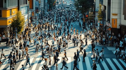 Busy Japanese City Street Crossing, Sunlit Pedestrian Traffic