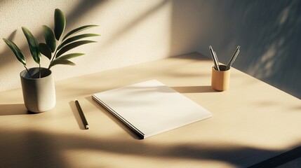 Minimalist Workspace with Notebook, Plant, and Office Supplies