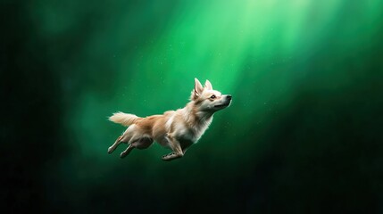 Dog Swimming Underwater with Lush Green Background and Sunlight