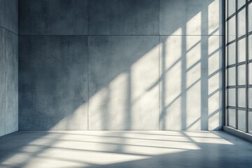 Interior corner space, concrete walls, sunlight casts shadows