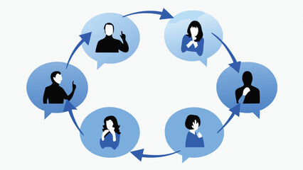 People icons in a circle with arrows connecting them representing communication and information flow process