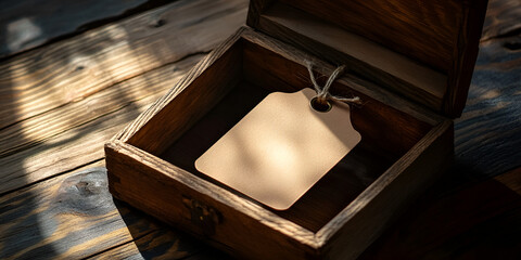 Blank Tag Inside Rustic Wooden Box on Sunlit Wooden Table

