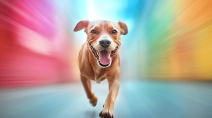 Happy Dog Running in Colorful Alleyway with Motion Blur Effect