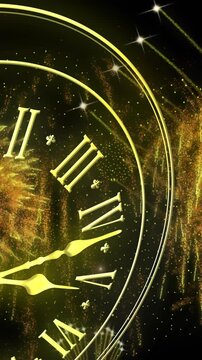 Animation of clock showing midnight and fireworks exploding on black background