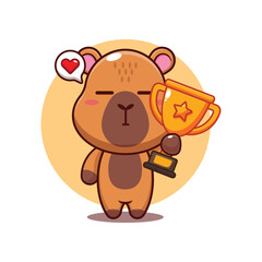 Cute capybara holding gold trophy cup cartoon vector illustration