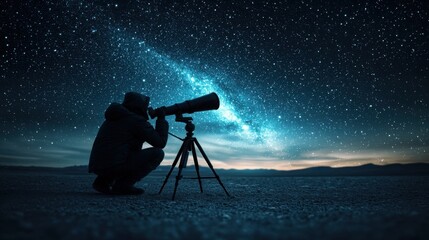 Witness Natural Phenomenon Concept. Stargazer Observing Stars and Galaxies Through Telescope Under Night Sky