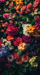 Vibrant floral arrangement, densely packed with colorful blooms