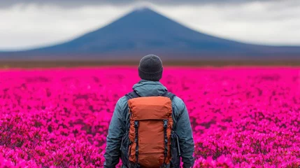 Gordijnen Witness Natural Phenomenon Concept. Person in Mountains Surrounded by Vibrant Pink Flowers with Scenic Landscape View © Paisan