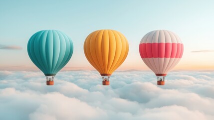 Fototapeta premium Witness Natural Phenomenon Concept. Colorful hot air balloons soaring above fluffy clouds at sunrise in a clear sky