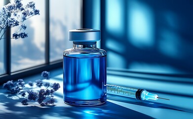 Blue Vial and Syringe with Floral Accents in Soft Light

