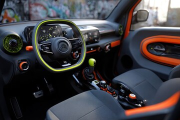 Modern electric car interior showcasing vibrant design elements and urban graffiti backdrop