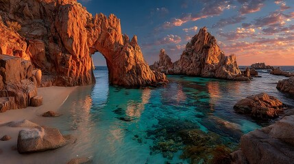 Dramatic arch rock formation on a sandy beach at sunset with turquoise water