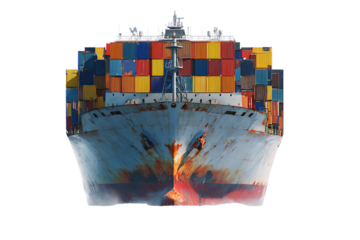 Large container ship sailing on ocean waters. Global logistics and maritime transportation concept.