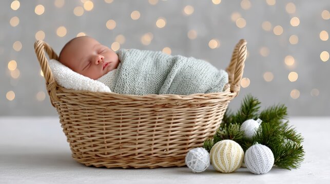 Baby sleeping in traditional wrap, A peaceful newborn baby wrapped in a knitted blanket sleeps in a woven basket with festive Christmas ornaments nearby and warm bokeh lights in the background.