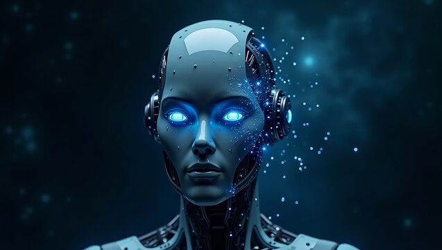 Female Robot with Glowing Blue Eyes in a Sci-Fi Setting high-tech, humanoid female robot with glowing blue eyes and advanced cybernetic design, set against a dark, digital sci-fi background