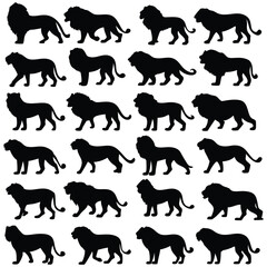Majestic lions in striking black silhouette, wildlife representation against a white background showcases animal kingdom strength.