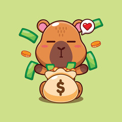 Cute capybara with money bag cartoon vector illustration