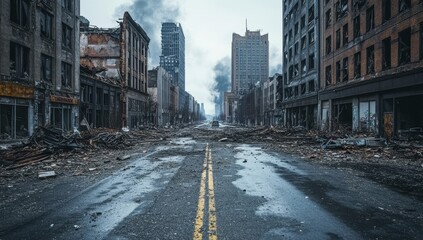 Desolate city street after fire, ruined buildings, smoke background.  Empty road. Possible use disaster, conflict, war stock image