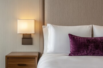 Luxurious hotel bedroom bedside table, lamp, pillows, and purple throw pillow