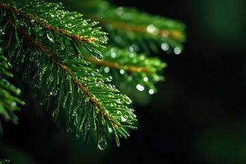 Close-up of wet evergreen needles. Water droplets cling to the vibrant green foliage. Dark background
