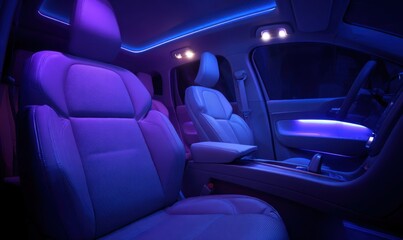 Fototapeta premium Modern car interior with ambient lighting showcasing plush seats and a sleek design at night