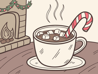 Hot Cocoa With Marshmallows And Candy Cane