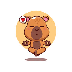 Cute capybara doing meditation yoga cartoon vector illustration
